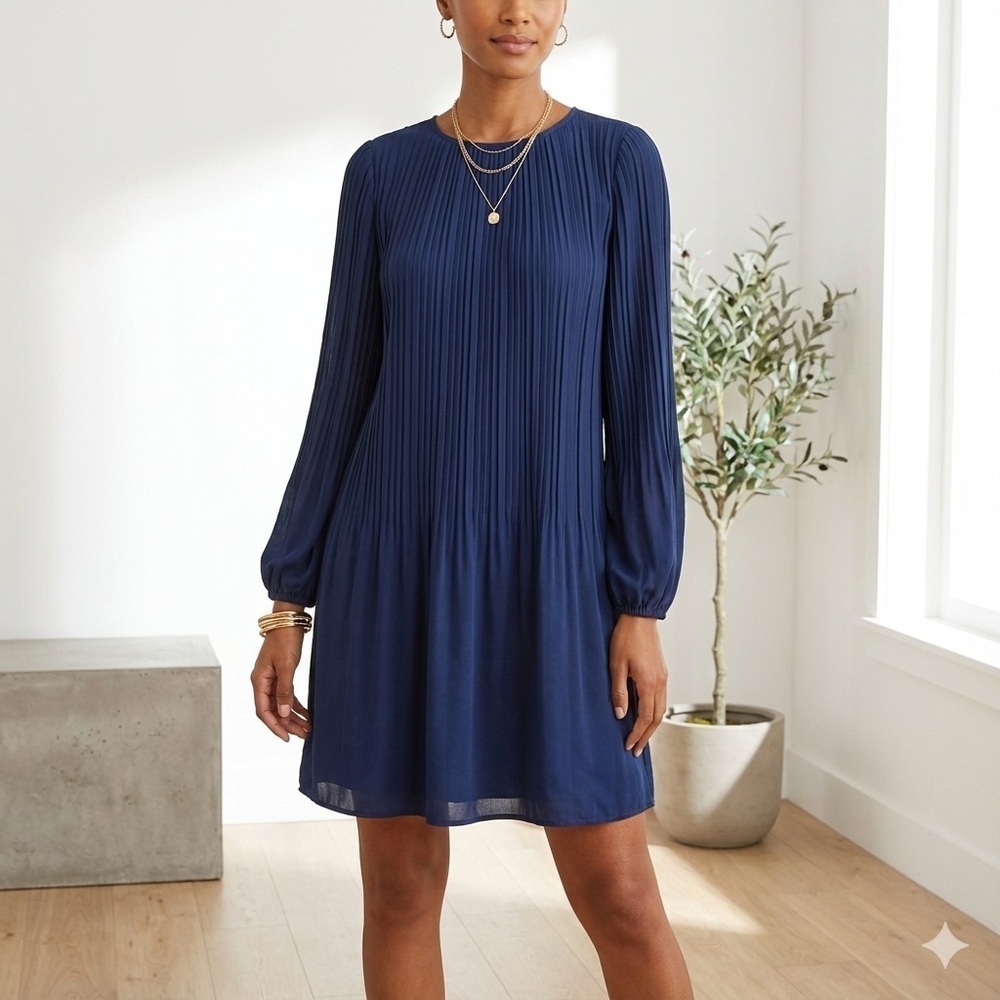 Carolina Belle Montreal navy blue pleated long sleeve shift dress - Small